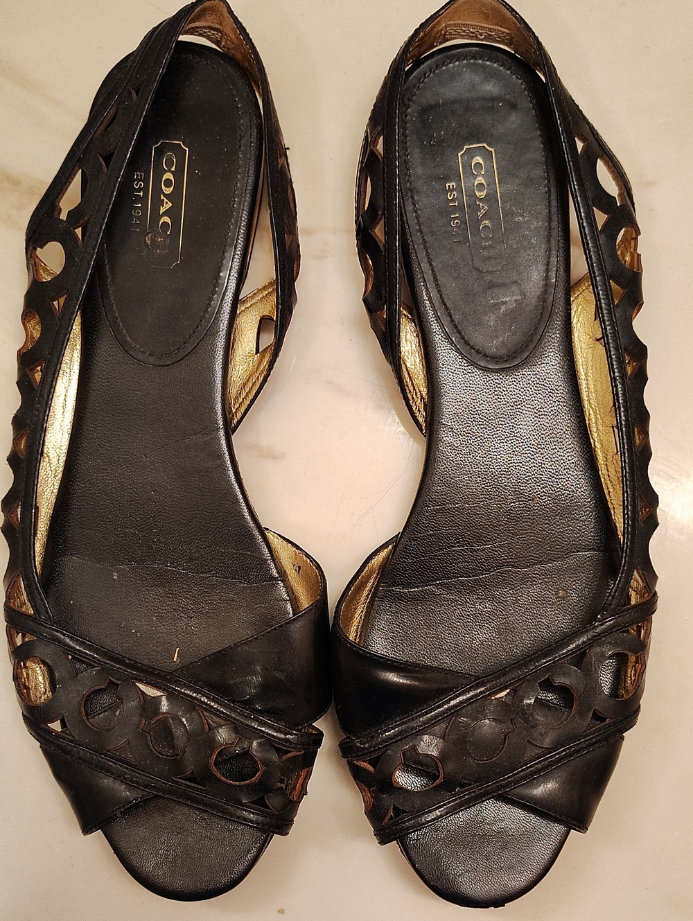 COACH Carmela Black Leather Peep-Toe Flats